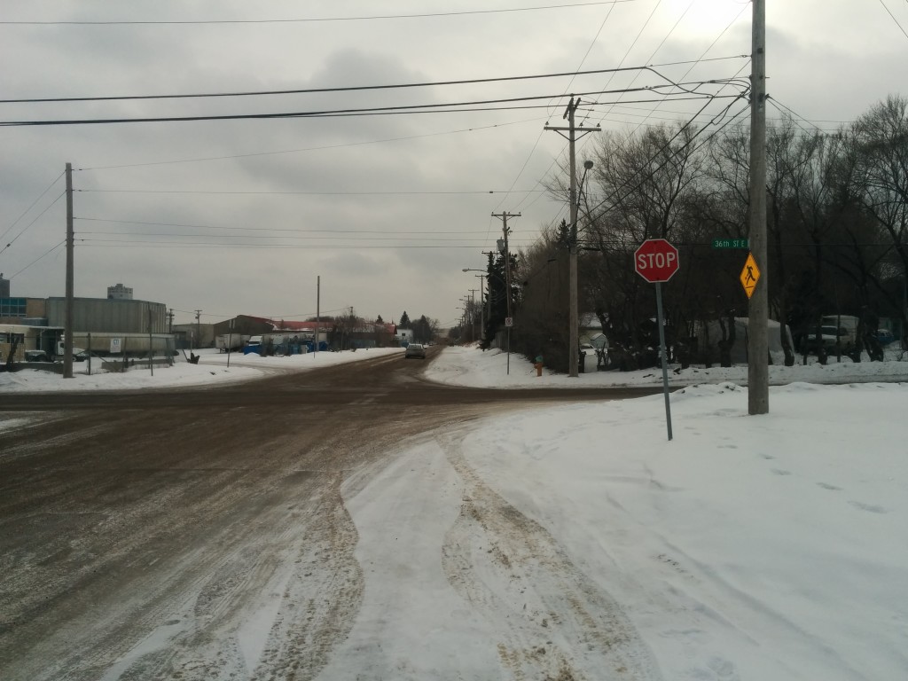 "The Full Saskatoon" a street with a park and a school but no sidewalks.