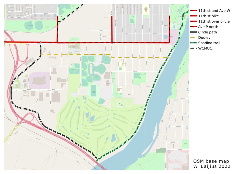 A map of southwest saskatoon, depicting various active transportation routes in different colours and patterns, to show their connectivity.